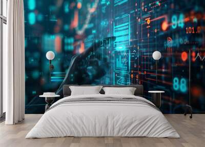 robot hand pressing on virtual digital screen big data connection technology AI machine learning idea concept  Wall mural