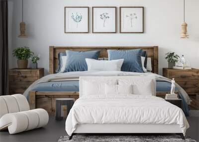 Rustic wooden bed with blue pillows and two bedside cabinets against white wall with three posters frames.  Wall mural