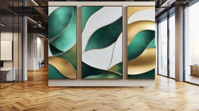 Set of three abstract wall art panels with 3d green and gold geometric shapes Wall mural