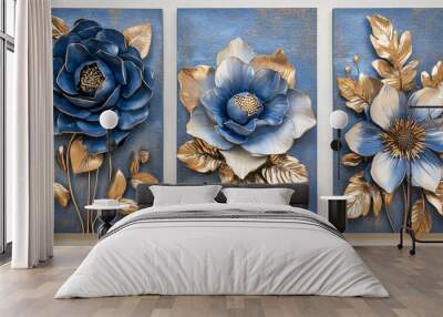 Set of three modern 3D floral wall art panels in blue and gold  Wall mural