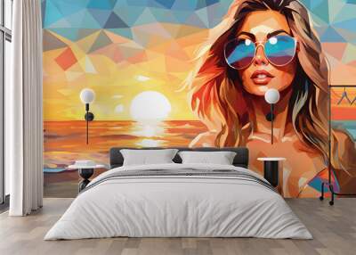 Summer, sunset on the beach in the sea. Vector illustration in the style of modern polygonal art of a female portrait in glasses, a beautiful girl standing on the beach by the sea and watching the sun Wall mural