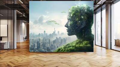 Sustainable environment concept. The image depicts human thinking towards preserving nature, reducing carbon footprint and building sustainable urban community for green future.
 Wall mural