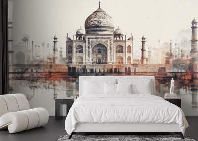 Taj Mahal in Agra, India. double exposure contemporary style minimalist artwork illustration Wall mural