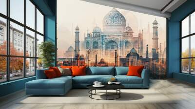 Taj Mahal in Agra, India. double exposure contemporary style minimalist artwork illustration Wall mural