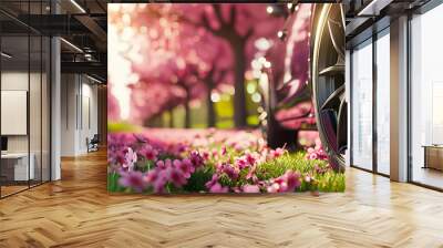 The car wheel is placed on the blooming cherry blossom meadow, with spring flowers in full bloom. The sun shines brightly through the trees and illuminates the pink clover field  Wall mural