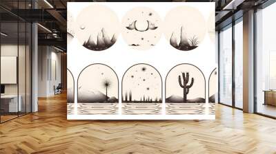 Trendy boho landscape frame. Minimal linear bohemian windows desert mountain moon sun for icon logo tattoo. 
 Wall mural