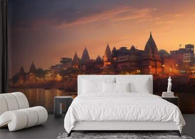 Varanasi city with ancient architecture. View of the holy Manikarnika ghat at Varanasi India at sunset 
 Wall mural