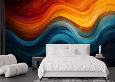 Vibrant rainbow, orange blue teal white psychedelic  gradient color wave on black background, music cover dance party poster design. Retro Colors from the 1970s 1980s Wall mural