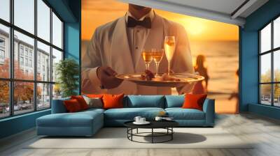 Waiter serving champagne on a tray. Summer beach sunset holiday vacation
 Wall mural