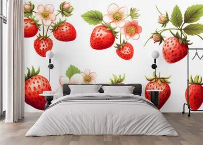 watercolor illustration of ripe strawberry with leaves and flowers, painted elements composition. Hand drawn food illustration
 Wall mural