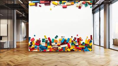 White background, white space in the center of picture. A pile of colorful Lego blocks scattered all over the place. The lego bricks of different shapes and sizes to show diversity.  Wall mural