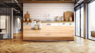 Wooden table on blurred kitchen bench background. Empty wooden table and blurred kitchen background Wall mural