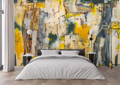 An abstract expressionist painting, suggestive of a rock face and fence. Wall mural