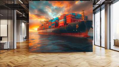 Cargo Ship at Sunset, Realistic Image Wall mural