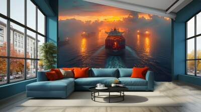 Cargo Ship at Sunset, Realistic Image Wall mural