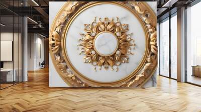 frame circular design has an ornate floral pattern in the center surrounded by a gold frame. The background consists of a white marble pattern with gold trim. Wall mural