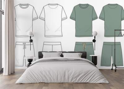 
Basic Set T Shirt and shorts technical fashion sketch vector template isolated on white background front and back view. Vector art drawing illustration Eps 10. Men's Apparel design. Wall mural