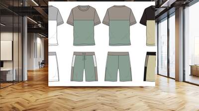 Basic Set T Shirt and shorts With cut & sew technical fashion sketch vector template isolated on white background front and back view. Vector art drawing illustration Eps 10. Men's Apparel design. Wall mural