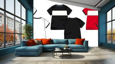 Basic Tee shirt fashion flat sketch technical drawing template For kids. Blank flat Short sleeve t-Shirt design With chest cut and sew. White, black, and Red color Vector illustration template. Wall mural