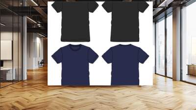 Black and navy color Short sleeve Basic T shirt overall technical fashion flat sketch vector illustration template front and back views. Apparel clothing mock up for men's and boys.
 Wall mural