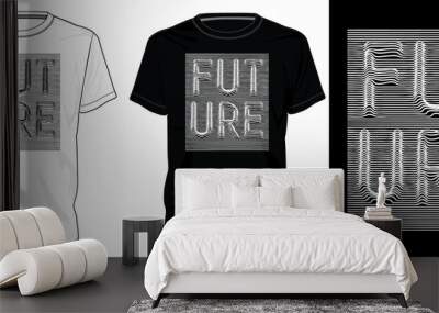 Creative line Text waving Future. Typography t shirt chest print design Isolated on white, Black template view. Calligraphy Vector illustration Ready to print for Apparel print on demand business. Wall mural