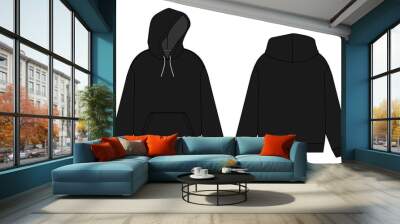 Hoodie. Technical fashion flat sketch Vector template.  Cotton fleece fabric Apparel hooded sweatshirt illustration black color mock up. Clothing outwear jumper Front, back views. Men, unisex top CAD. Wall mural