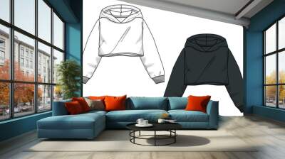 Long sleeve hoodie technical drawing fashion flat sketch vector illustration white and black color  template for women's  Wall mural