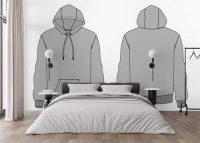 Long sleeve Hoodie technical fashion flat sketch vector illustration Grey Color template front and back views. Fleece jersey sweatshirt hoodie mock up for men's and boys. Wall mural