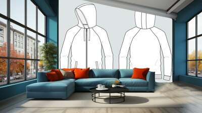 Long sleeve hoodie With zipper and pocket Technical fashion flat sketch vector illustration template Front and back views. Clothing sweater jacket Mock up Cad. Wall mural