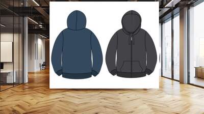 Long sleeve hoodie with Zipper technical fashion Drawing sketch template front and back view. apparel dress design vector illustration Black, Navy Blue Color Hoodie  mock up jacket CAD. 
 Wall mural