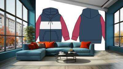 Long sleeve hoodie with Zipper technical fashion Drawing sketch template front and back view. apparel dress design vector illustration mock up jacket CAD. Easy edit and customizable.
 Wall mural