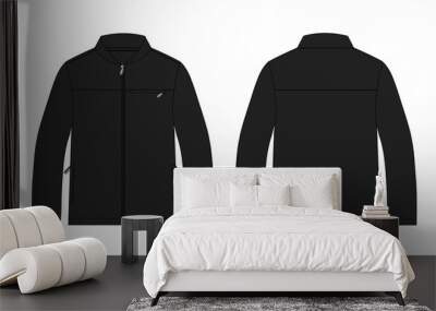 Long sleeve jacket with pocket and zipper technical fashion flat sketch vector illustration Black Color template front and back views. Fleece jersey sweatshirt jacket for men's and boys.
 Wall mural