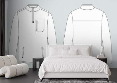 Long sleeve jacket with pocket and zipper technical fashion flat sketch vector illustration template front and back views. Fleece jersey sweatshirt jacket for men's and boys.
 Wall mural