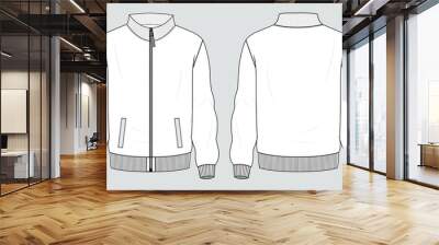 Long sleeve jacket with pocket and zipper technical fashion flat sketch vector illustration template front and back views. Fleece jersey sweatshirt jacket for men's and boys. Wall mural