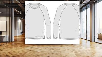 Long sleeve raglan t shirt technical fashion flat sketch vector illustration template front and back views isolated on white background. Cotton jersey apparel design Grey color mock up. Easy editable. Wall mural