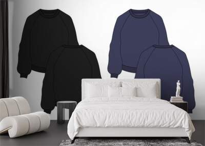 Long sleeve sweatshirt technical fashion flat sketch vector illustration Black and navy Color template front and back views. Cotton fleece jersey Winter clothing design mock up cad Wall mural