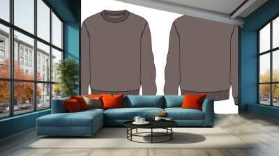 Long sleeve Sweatshirt technical fashion flat sketch vector illustration Khaki Color template front and back views. Fleece jersey sweatshirt sweater jumper for men's and boys. Wall mural