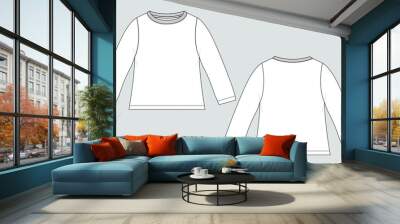 Relax fit Long Sleeve T-Shirt overall technical Fashion Flat Sketch vector template for Women's. Apparel design blank t shirt mock up front, back views isolated on Grey background. Easy editable.  Wall mural