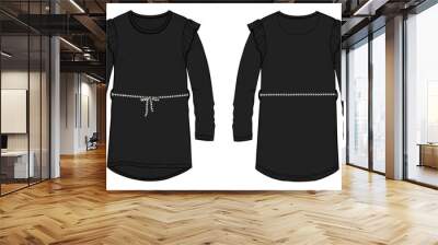 Round neck long sleeve dress for ladies and kids. Overall technical fashion sketch vector Illustration black Color template front and back view. Apparel dress design vector mock up CAD.
 Wall mural