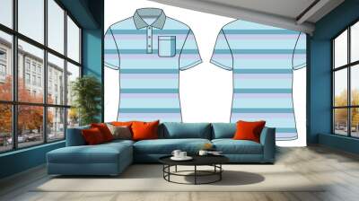 Short sleeve Polo Shirt With All over Yarn dye Stripe Technical Fashion Flat Sketch vector illustration template front, back view isolated on white background. Men's fashion polo t shirt mock up CAD
 Wall mural