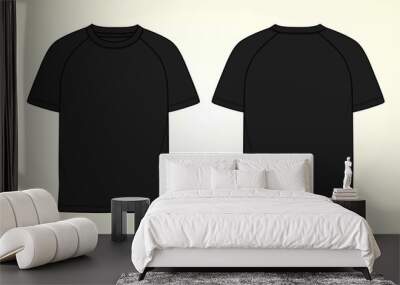 Short sleeve Raglan T shirt technical fashion flat sketch vector Illustration template front, back views isolated on Off white Background. Basic apparel Design Black color Mock up. Wall mural