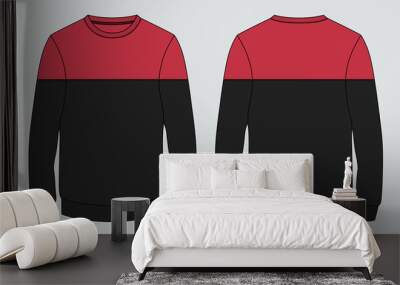 Two tone black and red  Color Long sleeve Sweatshirt technical fashion Flat Sketch drawing vector illustration template For men's. Apparel design mockup CAD illustration.  Wall mural