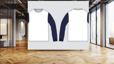 Two tone Navy and White Color Long sleeve T shirt overall technical fashion flat sketch vector Illustration template front and back views. Basic apparel Design Mock up for Men's and boys.
 Wall mural