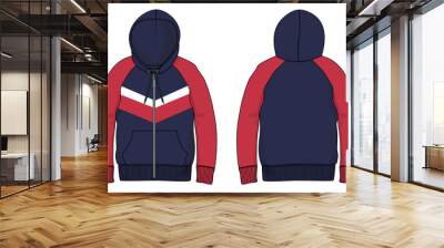 Two tone Red, Navy Color Long sleeve hoodie with Zipper technical fashion Drawing sketch template front and back view. apparel dress design vector illustration mock up jacket CAD. 
 Wall mural