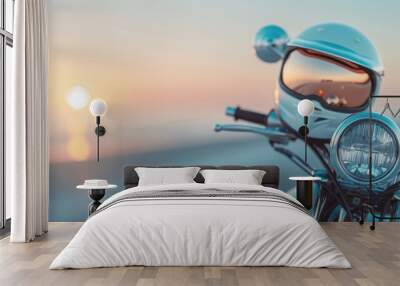 A chrome motorcycle helmet on a sleek bike, reflecting a sunset. Wall mural