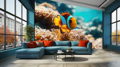 A clownfish swimming near a coral reef at a sunny beach, with vibrant underwater colors and clear water. Wall mural