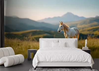 A donkey trotting through a picturesque countryside, with rolling hills and a clear blue sky, capturing its natural grace and charm. Wall mural