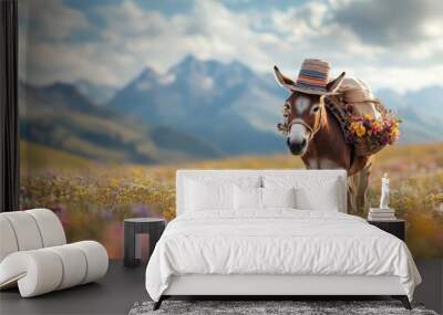 A donkey with a whimsical hat trotting through a sunlit field of colorful wildflowers. Wall mural