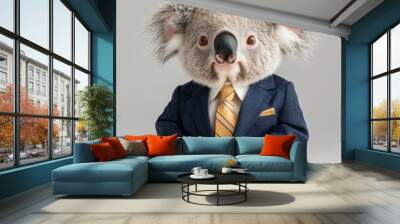 A koala bear in a suit, isolate on white background, presenting a fun and quirky visual concept. Wall mural