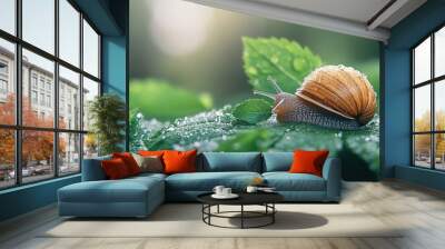 A snail eating fresh leaves in a vibrant, natural garden. Wall mural